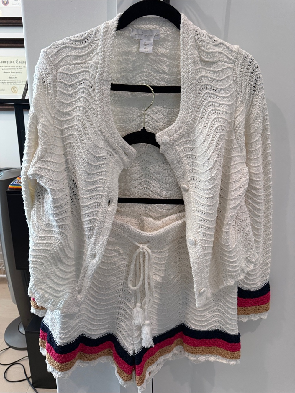 House of Harlow 1960 White Knit Cardigan & Drawstring Shorts with Multicolor Hem